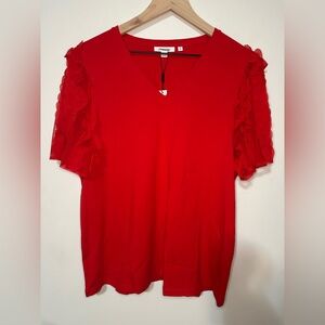 Chico’s Heart Applique Tee Top SZ 2 US L Short Sleeve V Neck Knit Top Red